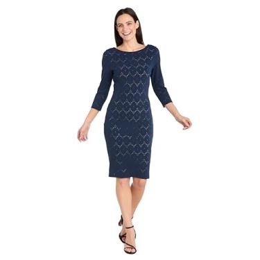 Imagem de Elegante vestido de malha diamante nas costas do joelho com mangas 3/4, Azul-marinho/nude, 44