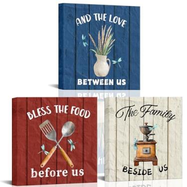 Imagem de xiysien Arte de parede de cozinha Bless The Food Before Us The Family Beside Us and The Love Between Us impressão de placa de arte para decoração de parede de sala de jantar 30 cm x 30 cm x 3 peças