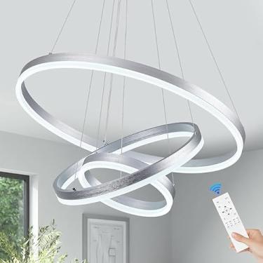 Imagem de 3-Anéis D23.6 Lustre LED moderno Prata Iluminação pendente regulável com controle remoto Circular Montagem embutida Luz de teto alto, 3000K-6500K