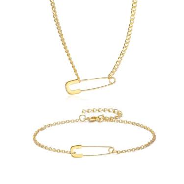 Imagem de Conjunto de colar de alfinete de segurança para mulheres com clipe de papel de cristal dourado com pingente de alfinete de segurança prata corrente pulseira joias presentes, 1.0*3.0cm, Zinco, Sem