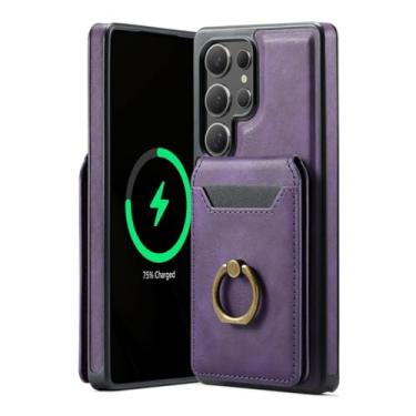 Imagem de HJZSZX Para Samsung S24 Ultra Ring Magnetic Phone Case Carregamento sem fio Couro Carteira Capa (Para Samsung S24 Ultra/Roxo)
