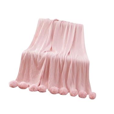 Imagem de ＫＬＫＣＭＳ Clanta de malha coberta cobertor aconchegante leve com um cobertor decorativo de presente de bola de borla 100cmx105cm para adultos de sofá da sala de, Rosa