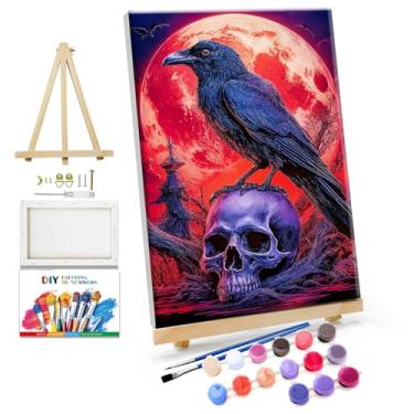 Imagem de JOOZ Kit de pintura por números de Halloween para adultos com moldura, pintura de crânio por número, com cavalete pássaro, kits de pintura a óleo digital DIY lua para presente ideal para decoração de