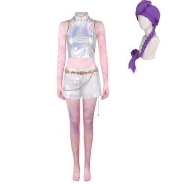 Imagem de Fantasia feminina Huntrix Rumi K-Hunter Cosplay Palco Show Suit Halloween Dress Up, Branco (com peruca), PP