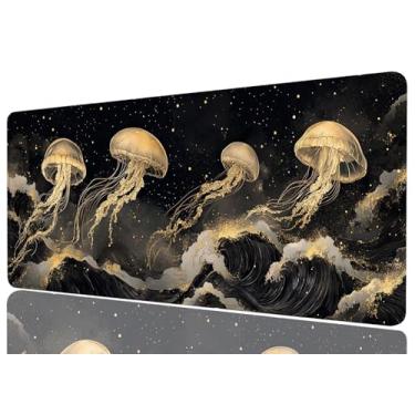Imagem de Golden Jellyfish Tapete de mesa para jogos, tapete de mesa grande para mouse, preto e branco, onda de céu noturno, tapete de mesa para teclado e mouse, extra grande, almofadas de computador para