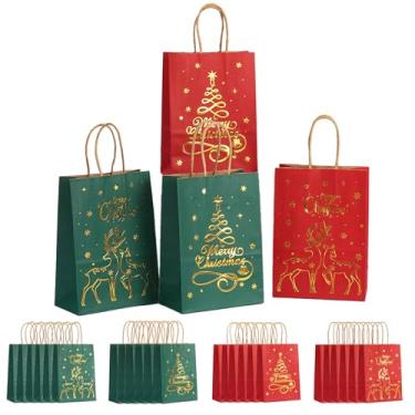 Imagem de Qigfucm Pacote com 24 sacos de presente de Natal, sacos festivos para lembrancinhas de festa de papel kraft com alças, sortidos padrões de Natal, bolsa de doces para festas de aniversário (vermelho