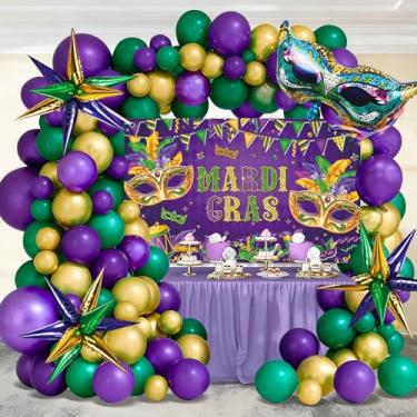 Imagem de AIBIIN Mardi Gras Balloon Garland Arch Kit, Purple Green Gold Party Decorations with Masks and Banner, Carnival Theme Party Supplies