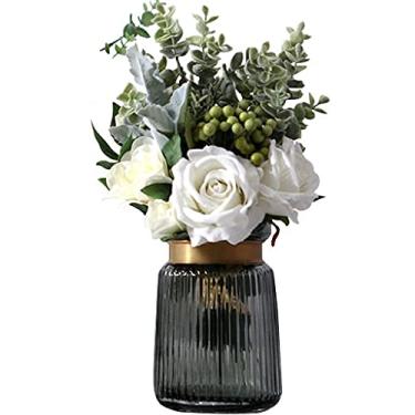 Imagem de YYBOES Vaso de vidro para flores, conjuntos de vasos para decoração, estilo europeu, leve, luxuoso, listrado, conjunto de decoração floral, sala de estar, sala de jantar, simulação de flor, flor