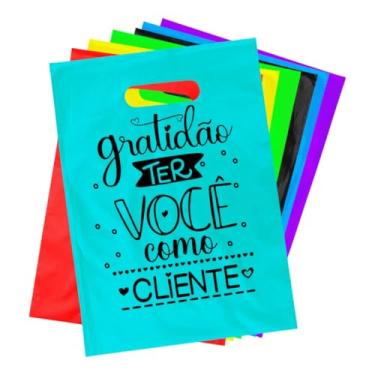 Imagem de Kit 100 Sacolas Plasticas Boca De Palhaço 30x40 Gratidão Personalizadas (Azul-turquesa)