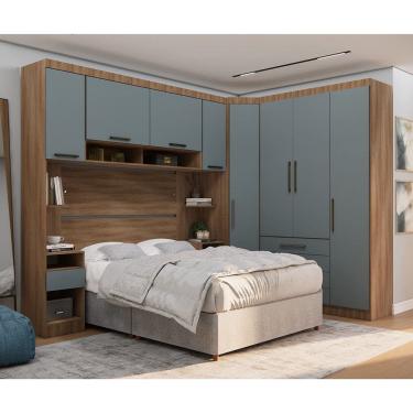 Imagem de Quarto Modulado Queen de Canto Diagonal com Guarda-roupas Maleiro e Cabeceira Paris Master Luciane Moveis