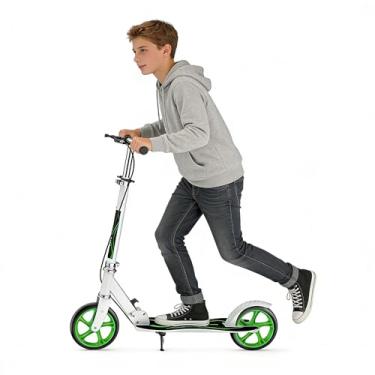 Imagem de Patinete esportivo leve dobrável para adultos e adolescentes com freio de mão ajustável em altura dobrável, rodas grandes, carga durável, 136 kg, branca