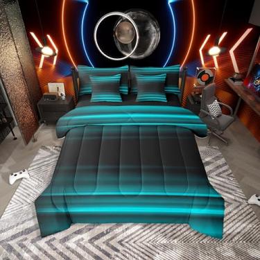 Imagem de Erosebridal Conjunto de cama de 7 peças ombré, solteiro, gradiente, com lençóis, listras, abstratas, arte 3D moderna, em uma bolsa, azul-petróleo, preto