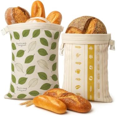 Imagem de WEYOVGO Pacote com 2 sacos reutilizáveis de pão de cera de abelha para freezer e geladeira, sacos de armazenamento de pão de algodão forrados com cera de abelha com fecho de fivela, protetor hermético