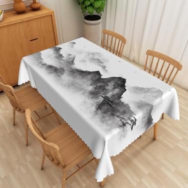 Imagem de SIEDYCV Toalha de mesa retangular com pintura a tinta, 152 x 300 cm, tecido de pintura de paisagem chinesa, preta, toalha de mesa de poliéster, reutilizável, à prova d'água, para decoração de sala de