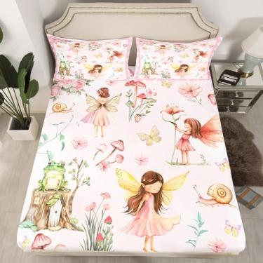Imagem de Erosebridal Jogo de lençol casal com estampa de fada dos sonhos, flores e sapos, flores kawaii, para decoração de quarto de meninas e crianças, 3 peças (sem lençol de cima)