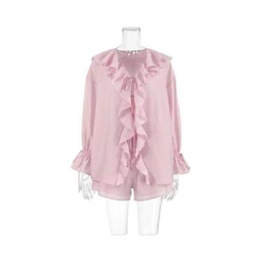 Imagem de Conjunto Feminino Casual De Shorts Com Decote Em V E Renda Franzida, A