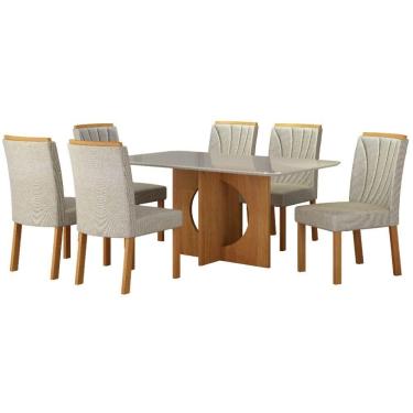 Imagem de Conjunto Sala De Jantar Lorena Off White 6 Cadeiras Linho Palha Base Em Madeira 1,60 M Leifer Móveis