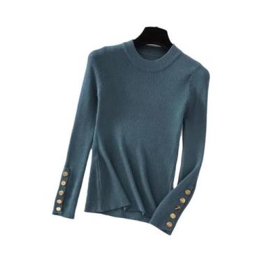 Imagem de Suéter Feminino Cáqui de Malha Grossa - Gola Redonda, Botão, Slim Fit 