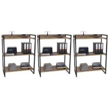 Imagem de Kit 3 Estantes Livreiro Multiuso Prisma Estilo Industrial 80cm 3 Prateleiras C08 Carvalho