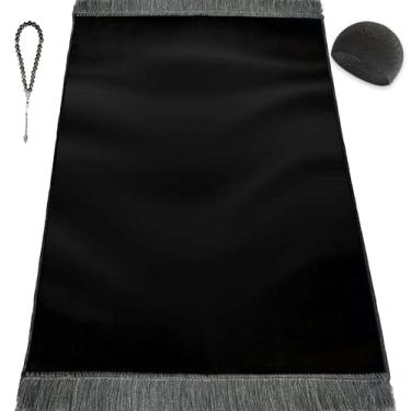 Imagem de Kapobia Conjunto de tapete de oração de veludo (pedra preciosa 33 contas de oração - chapéu Kufi preto - capa elegante) - Tapete de oração simples de textura de veludo luxuoso para casa e viagens -