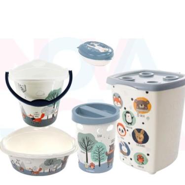 Imagem de Kit P/o Bebe Lixeira,saboneteira,cesto,balde,bacia - bichinhos azul - 