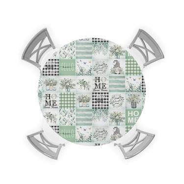 Imagem de Toalha de mesa redonda de verão, verde, folhas de eucalipto, gnomo, búfalo, xadrez, patchwork, elástica, impermeável, à prova de óleo, serve para mesas redondas de 114 a 137 cm para decoração de festa