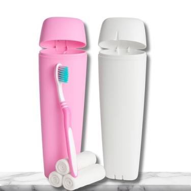 Imagem de KIT 2 Porta Escova de Dente Multiuso com Tampa, Estojo de Plástico Moderno e Prático, Ideal para Viagens, Trabalho, Escola e Academias, Compacto e Leve, Rosa e Branco