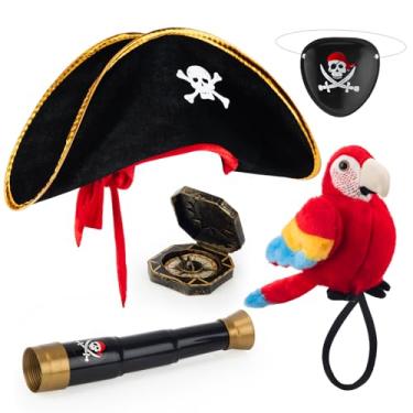 Imagem de HyDren 5 Pcs Halloween Pirate Costume Accessories Set with Skull Print Pirate Captain Hat, Stuffed Parrot on Shoulder, Eye Patch, Telescope and Compass for Adult Halloween Party Dress up Cosplay Prop