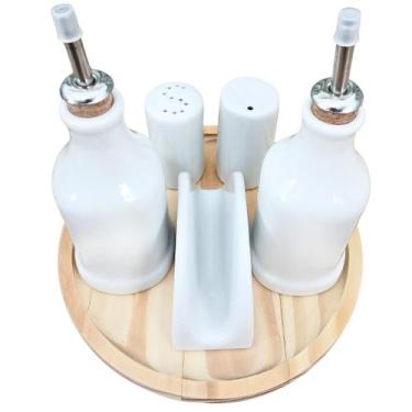 Imagem de Kit Galheteiro 6 pçs Bandeja Pinus Porcelana Branca - Antilope Decor P