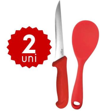 Imagem de Kit Cozinha Faca 28cm Colher de Arroz Silicone 28cm Espátula Vazada 28