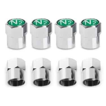Imagem de 8 peças tampas de haste de válvula de pneu de latão cromado N2 logotipo de sinal de nitrogênio na parte superior