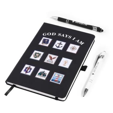 Imagem de Vebermo God Says I Am Bible Journal e conjunto de canetas para homens, caderno A5 de capa dura, escrita das escrituras e estudo da Bíblia, presentes cristãos com 2 canetas inspiradoras, 192 páginas