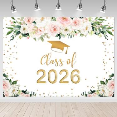 Imagem de Mocsicka 2021 Pano de fundo para festa de formatura Congrats Grad Class of 2021 Pano de fundo para foto floral com bolinhas douradas de formatura (2,1 x 1,5 m)