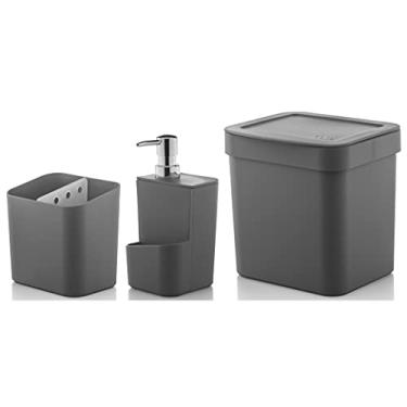 Imagem de Kit Cozinha Trium Escorredor Talheres + Dispenser Detergente + Lixeira - KTE 012 Ou - Chumbo