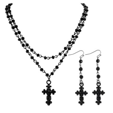 Imagem de JNF Gargantilha gótica preta para mulheres, gótica, contas, sol, cruz, lua, coração, pingente de Halloween, Y2K, cruz gótica, joias presentes, X-Large, Pérola, Pérola