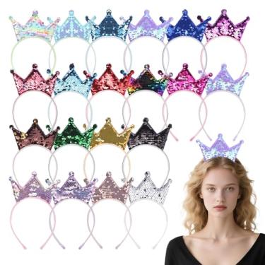 Imagem de Rhoxshy Pacote com 20 faixas de cabeça femininas brilhantes com coroa de princesa dourada com glitter, coroa de plástico, tiara de princesa, lembrancinhas de festa, acessórios de cabelo elástico para