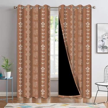 Imagem de Xiazhilaio Cortinas de terracota Boho Blackout 203 cm de comprimento, 2 painéis, cortinas de janela com estampa botânica geométrica moderna para quarto, sala de estar, escurecimento de quarto e