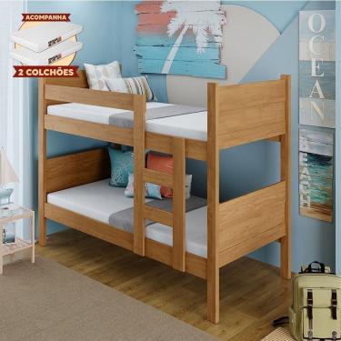 Imagem de Beliche 100% Mdf Fortaleza - Duas Camas Solteiro Compacta E Moderna Amêndoa Com 2 Colchões
