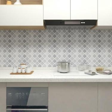 Imagem de ESSMOKO Papel de parede imitação de cerâmica efeito cozinha impermeável e à prova de óleo PVC resistente a altas temperaturas autoadesivo papel de parede azulejo adesivo cinza escuro padrão diamante