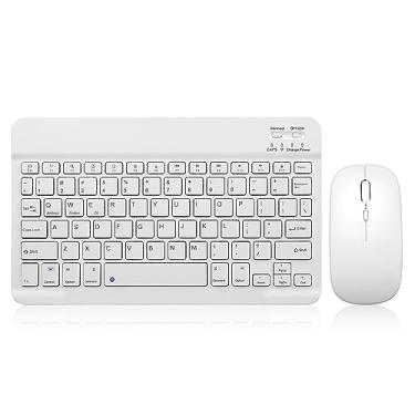 Imagem de Conjunto de teclado e mouse Bluetooth recarregável, portátil, sem fio, conjunto para Apple iPad, iPhone iOS 13 e acima, Samsung, tablet, smartphone, Android, Windows (branco de 10 polegadas)