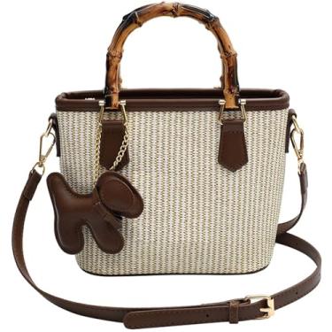 Imagem de Bolsa feminina pequena com alças superiores de bambu e alça transversal bolsa de ombro bolsa de verão praia, Marrom