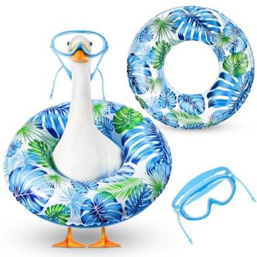 Imagem de Aliceset 2 peças de roupa havaiana de ganso para varanda de verão luau gramado pano de ganso fantasia boia de piscina óculos de natação pátio quintal ao ar livre (estilo palmeira)