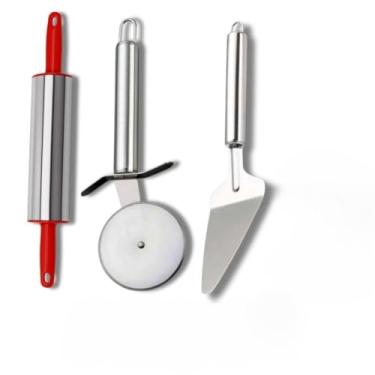 Imagem de Kit Carretilha Cortador de Pizza Cortador de Pastel Espátula de Bolo e Rolo de Massa Aço Inox(3 UND (ROL MASSA+PIZZA+BOLO))
