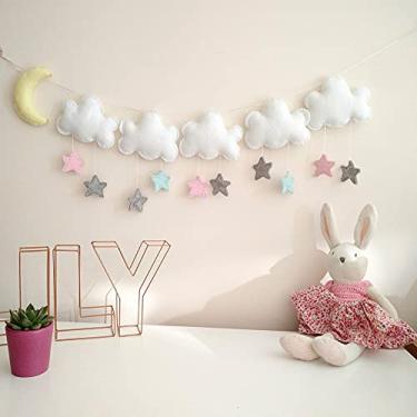 Imagem de Bemeet, Decoração de parede estrela nuvem de feltro de 1,5 m (conjunto de 1) guirlanda de parede de nuvens estrelas lua e lua, suprimentos de festa de chá de bebê, guirlandas de corda com tema de céu