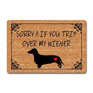 Imagem de Tapete divertido de boas-vindas para decoração de casa, capacho "Sorry If You Trip Over My Wiener", capachos de porta (60,16 cm x 39,62 cm) topo de tecido com uma parte traseira de borracha antiderrapante para a entrada interior