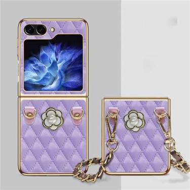 Imagem de Cortex diamante treliça 3d camélia capa de corrente de couro portátil para samsung galaxy z flip3 5g z flip4 zflip5 capa, a, para z flip 3