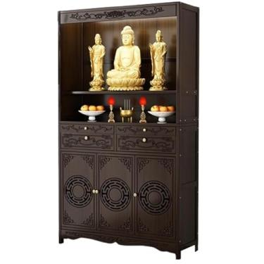 Imagem de Mesa de altar de meditação - Mesa Puja de bambu de 102 cm com armazenamento, armário de nicho de Buda chinês, mesa de oferta para casa, oração budista e relaxamento, ideal para adivinhação e prática