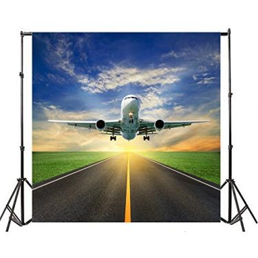 Imagem de Yeele 1,8 x 1,8 m, aeródromo, avião, fotografia, fundo, vinil, avião, pista de aviação, decolagem, céu azul, nuvens, voos, viagens, fotos, férias, viagens, fotografias, adereços de estúdio