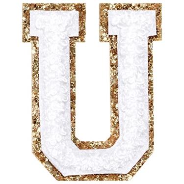 Imagem de 3 Pçs Chenille Letter Patches Ferro em Patches Glitter Varsity Letter Patches Bordado Borda Dourada Costurar em Patches para Vestuário Chapéu Camisa Bolsa (Branco, U)