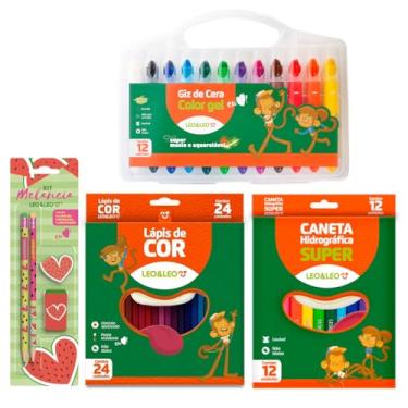 Imagem de Giz de Cera Gel + Lápis de Cor 24 Cores + Canetinha 12 Cores + Kit Temático - Leo e Leo (Melancia)